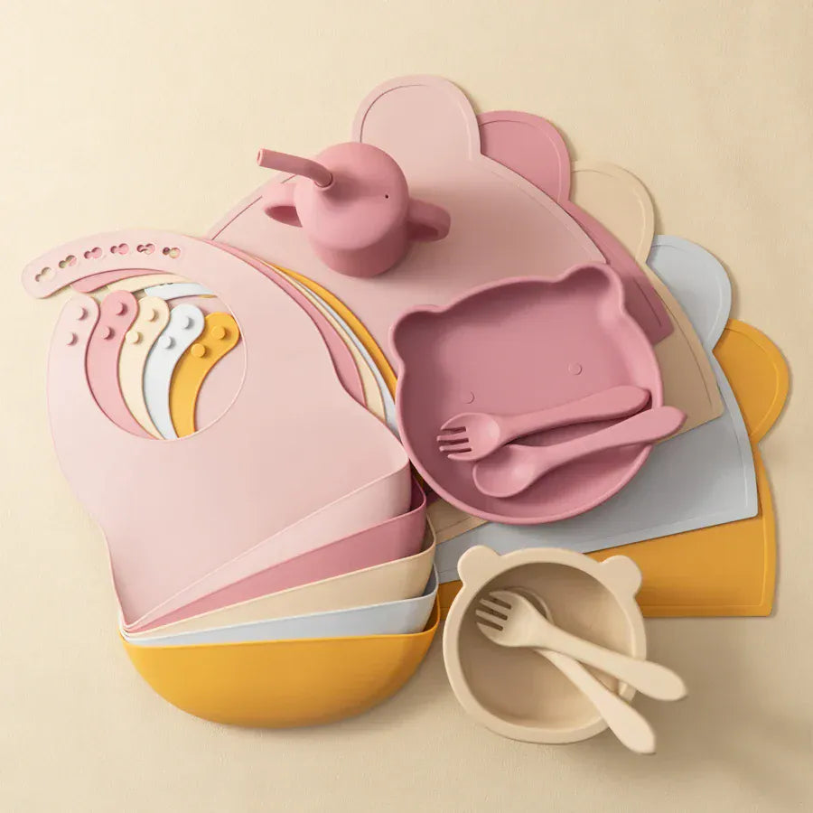 ベビーキッズ食器 ＊メーカー直送＊ ベビー食器7点セット シリコン プレート スプーン フォーク ストローマグ ランチョンマット お食事スタイ 離乳食セット【mh0006075】