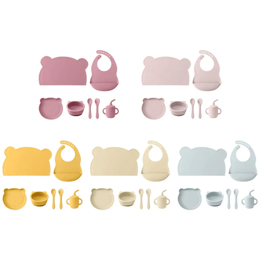 ベビーキッズ食器 ＊メーカー直送＊ ベビー食器7点セット シリコン プレート スプーン フォーク ストローマグ ランチョンマット お食事スタイ 離乳食セット【mh0006075】