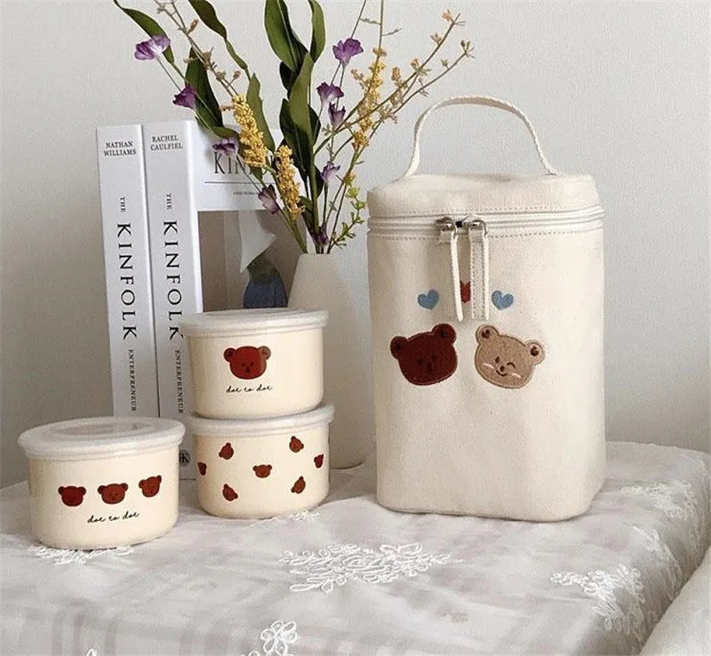 ランチボックス・ランチバッグ love bear キャンバスポーチ お弁当バッグ 保冷 保温バッグ ランチバッグ ピクニックバッグ お弁当袋 アニマル刺繍柄【mh0004243】