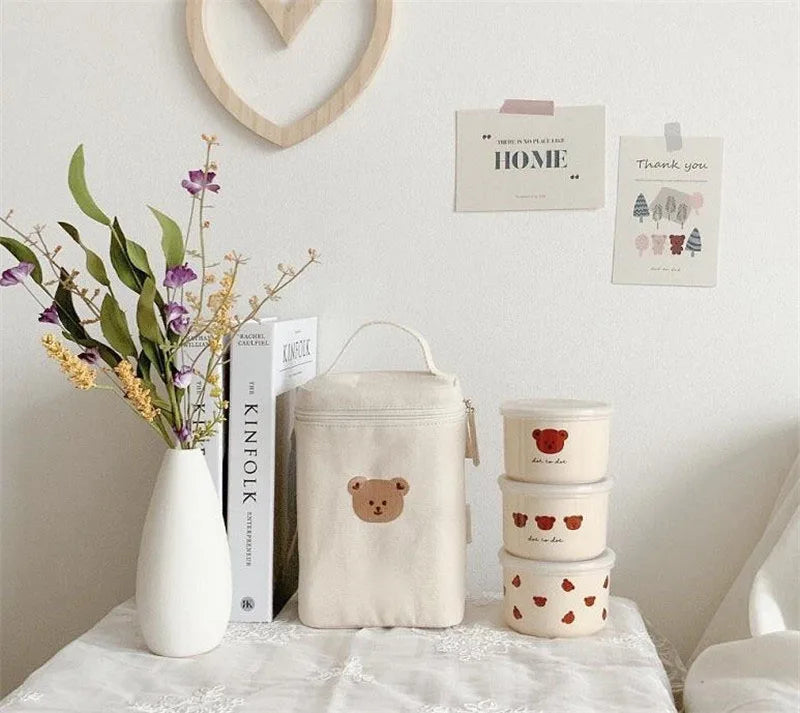 ランチボックス・ランチバッグ one bear キャンバスポーチ お弁当バッグ 保冷 保温バッグ ランチバッグ ピクニックバッグ お弁当袋 アニマル刺繍柄【mh0004243】