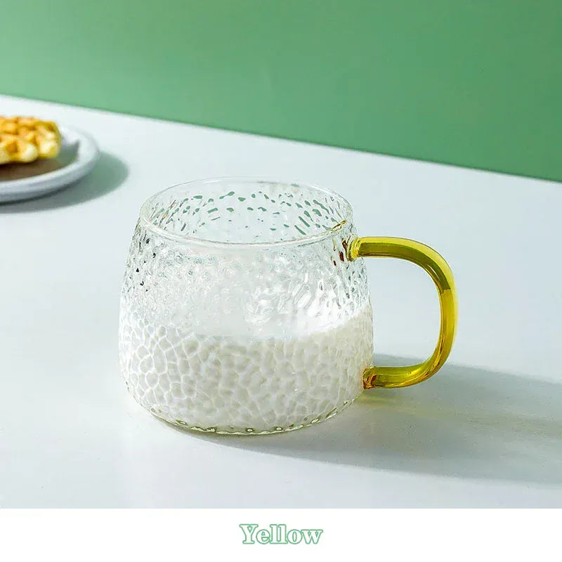 コップ・グラス・マグ Yellow / 301-400ml ハンマーパターン コーヒーカップ エアバブル ウォーターグラス 400ml 温度耐性付き ハンドル付き ティーカップ【mh0005798】