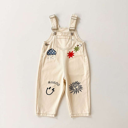 オーバーオール Apricot / 80cm オーバーオール イラスト刺繍 サスペンダーパンツ つなぎ【mh0011556】