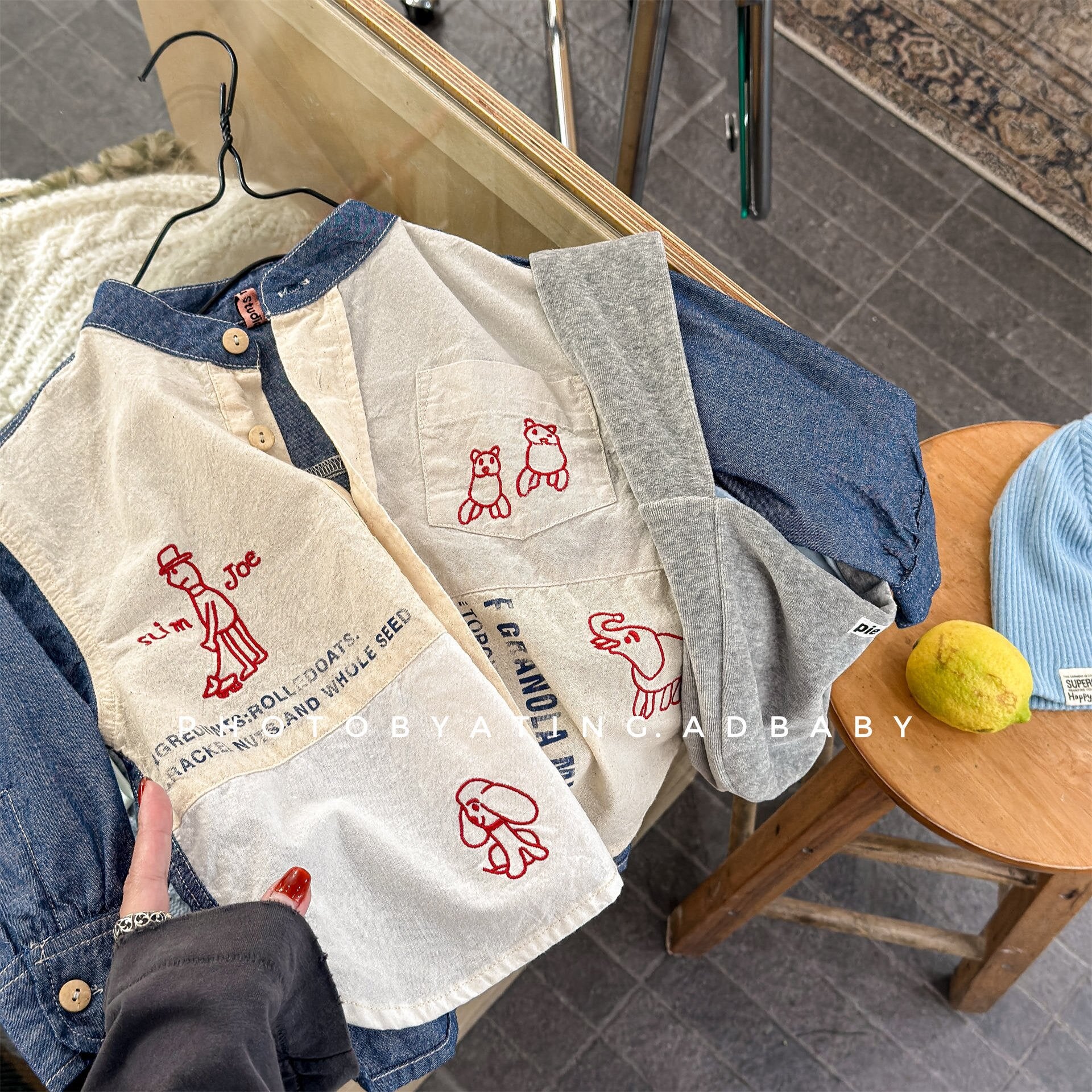 長袖シャツ・ブラウス Blue / 80cm Embroidered Children's Shirt 刺繍入り キッズシャツ【mh0012125】