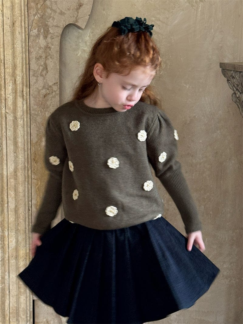 ニット・セーター Dark Green / 90cm フラワー刺繍パフスリーブセーター【mh0011226】