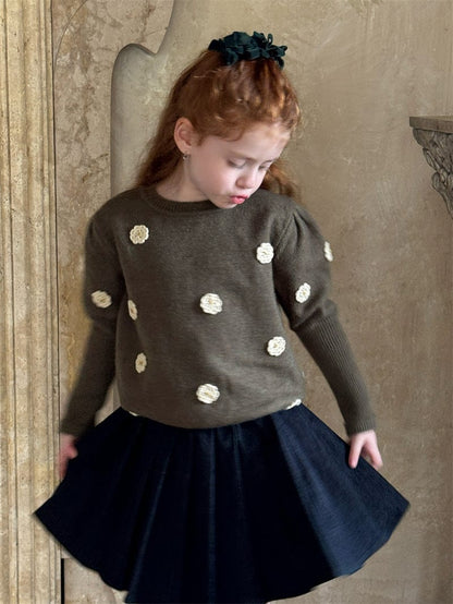 ニット・セーター Dark Green / 90cm フラワー刺繍パフスリーブセーター【mh0011226】