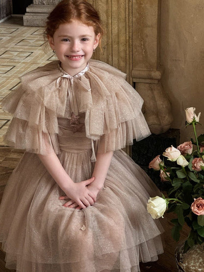 ノースリーブワンピース スパンコールチュールフリルケープ/ドレスワンピース【mh0011222】