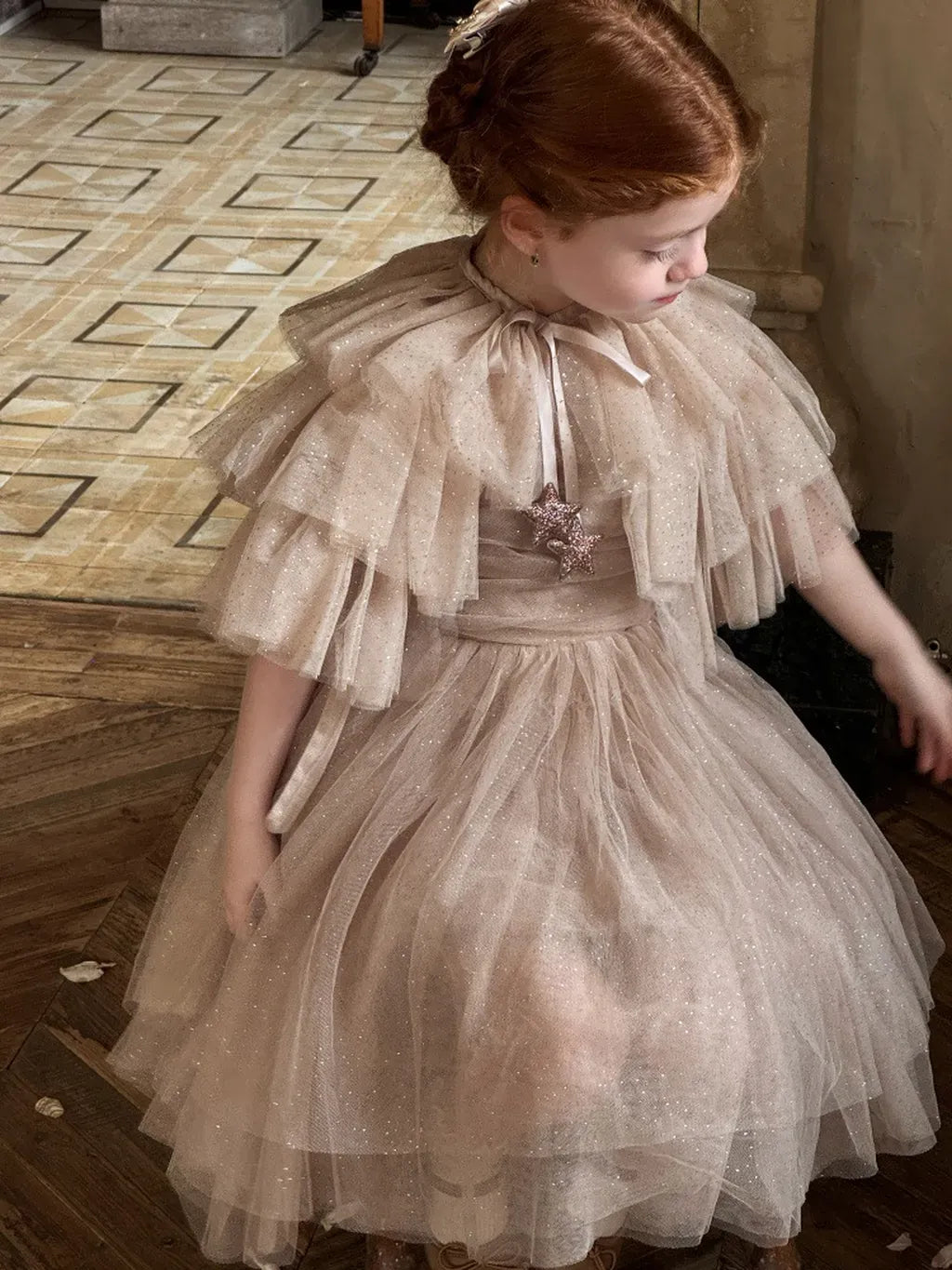 ノースリーブワンピース スパンコールチュールフリルケープ/ドレスワンピース【mh0011222】