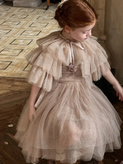 ノースリーブワンピース スパンコールチュールフリルケープ/ドレスワンピース【mh0011222】