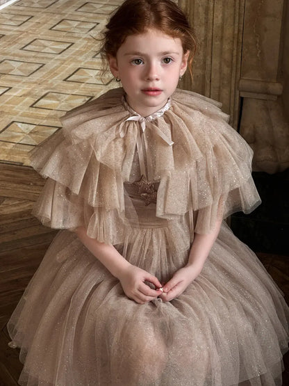 ノースリーブワンピース スパンコールチュールフリルケープ/ドレスワンピース【mh0011222】