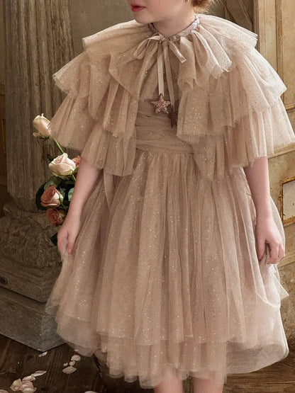 ノースリーブワンピース スパンコールチュールフリルケープ/ドレスワンピース【mh0011222】