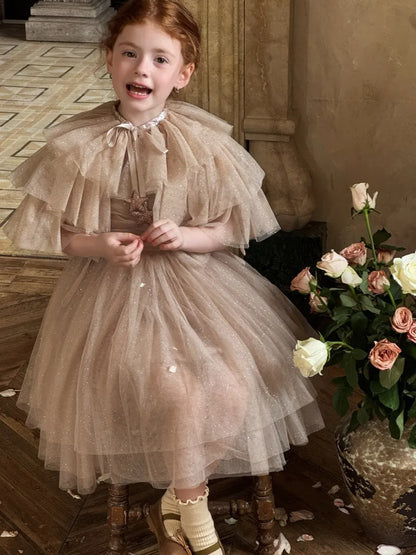 ノースリーブワンピース スパンコールチュールフリルケープ/ドレスワンピース【mh0011222】