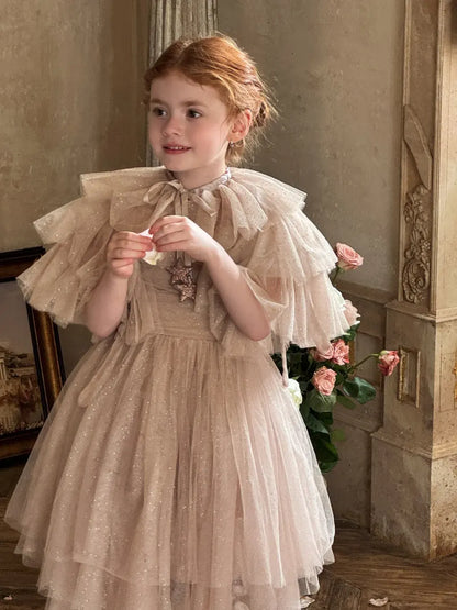 ノースリーブワンピース スパンコールチュールフリルケープ/ドレスワンピース【mh0011222】