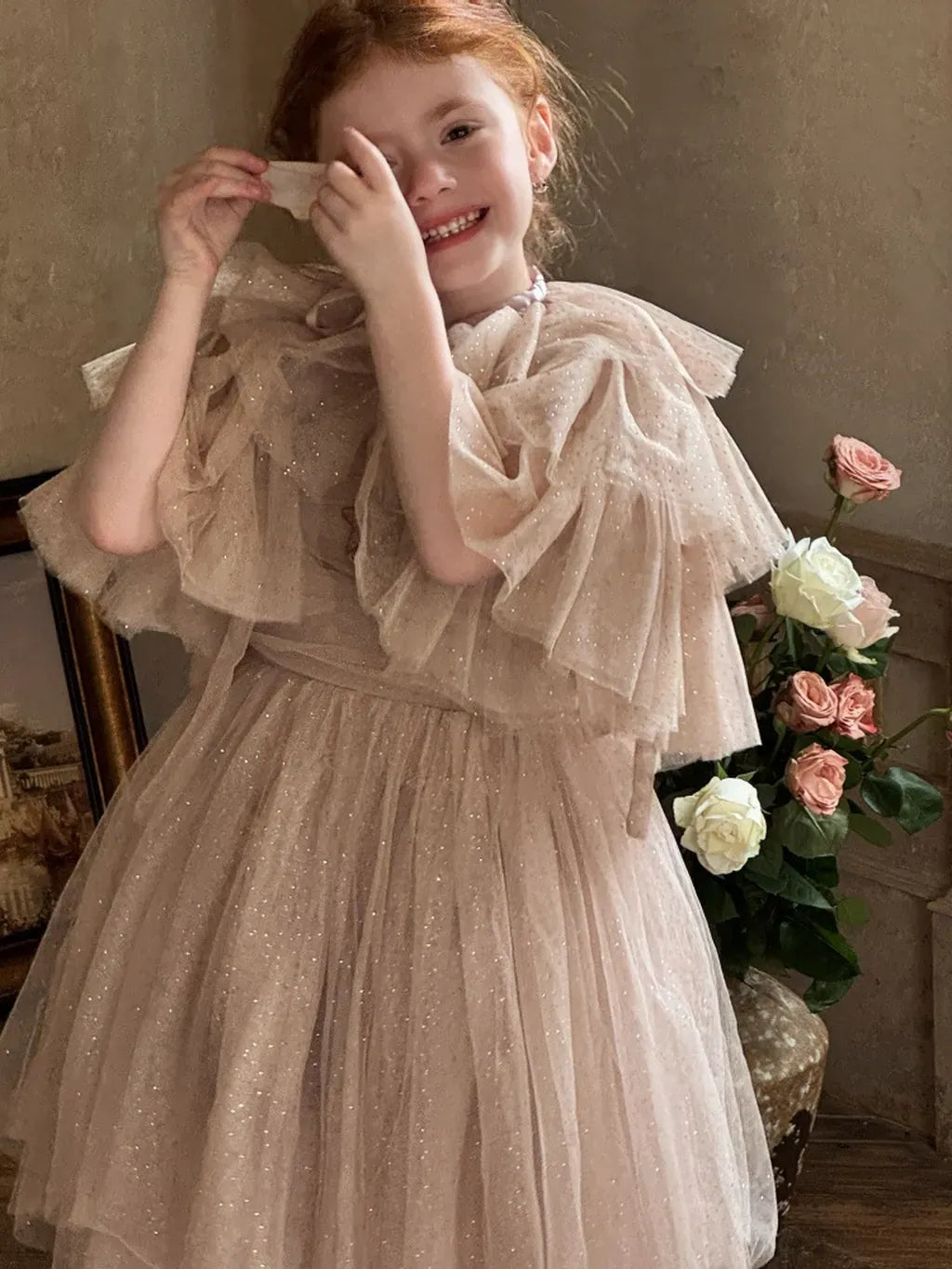 ノースリーブワンピース スパンコールチュールフリルケープ/ドレスワンピース【mh0011222】