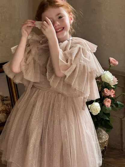 ノースリーブワンピース スパンコールチュールフリルケープ/ドレスワンピース【mh0011222】