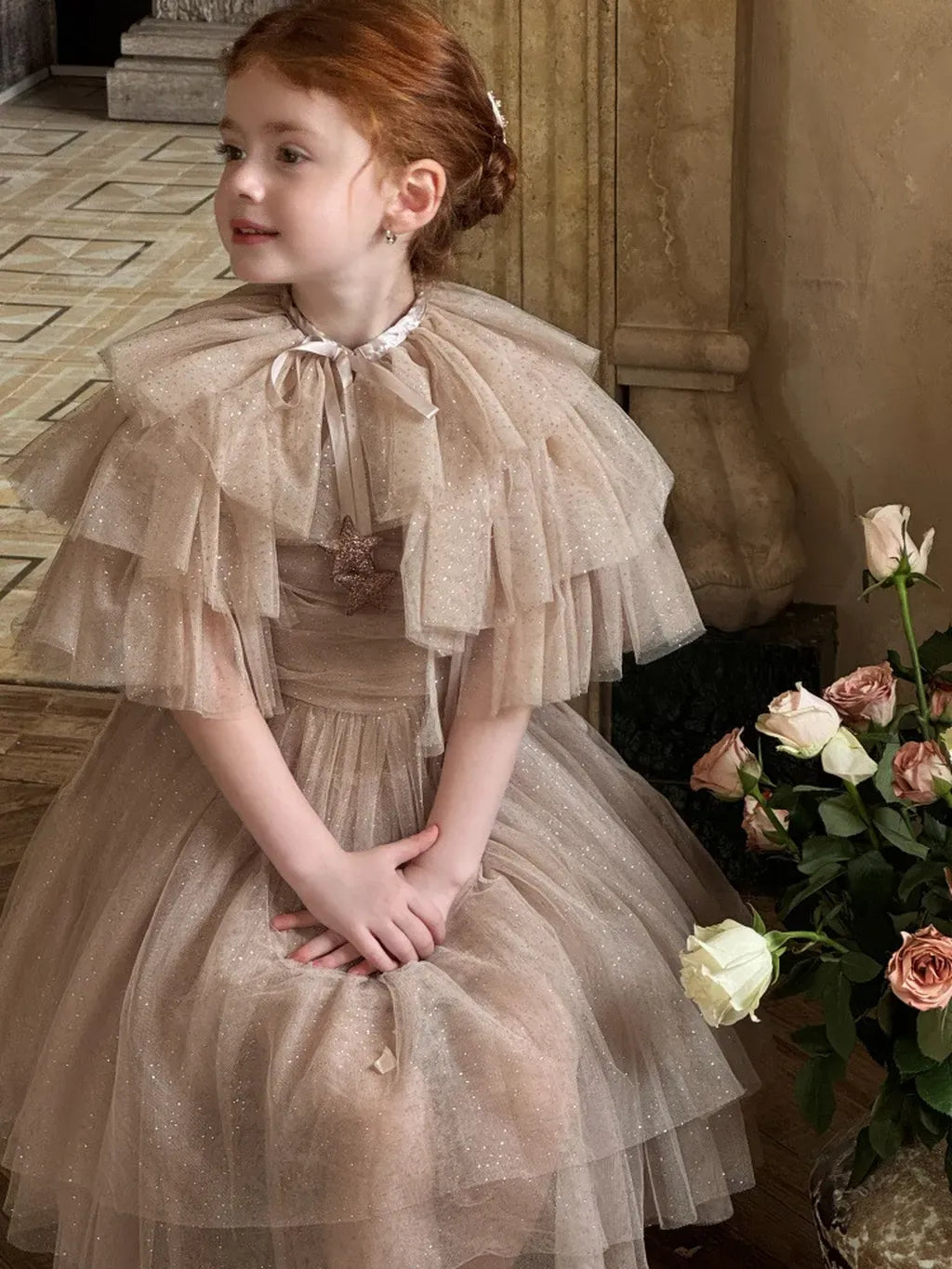 ノースリーブワンピース スパンコールチュールフリルケープ/ドレスワンピース【mh0011222】