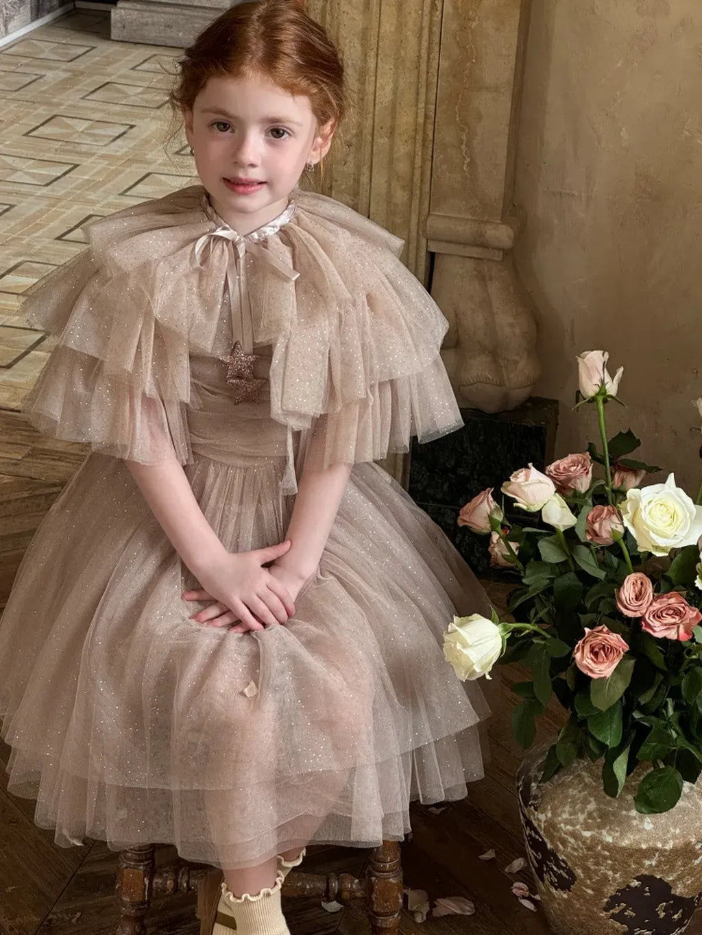 ノースリーブワンピース スパンコールチュールフリルケープ/ドレスワンピース【mh0011222】