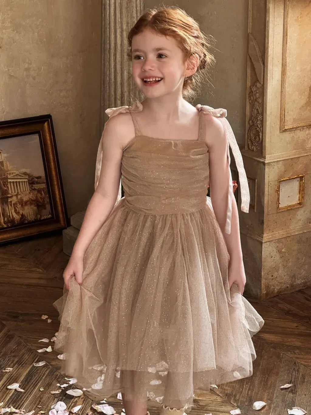 ノースリーブワンピース スパンコールチュールフリルケープ/ドレスワンピース【mh0011222】