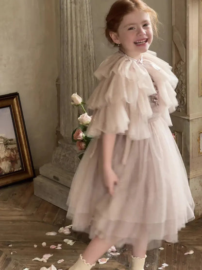 ノースリーブワンピース スパンコールチュールフリルケープ/ドレスワンピース【mh0011222】