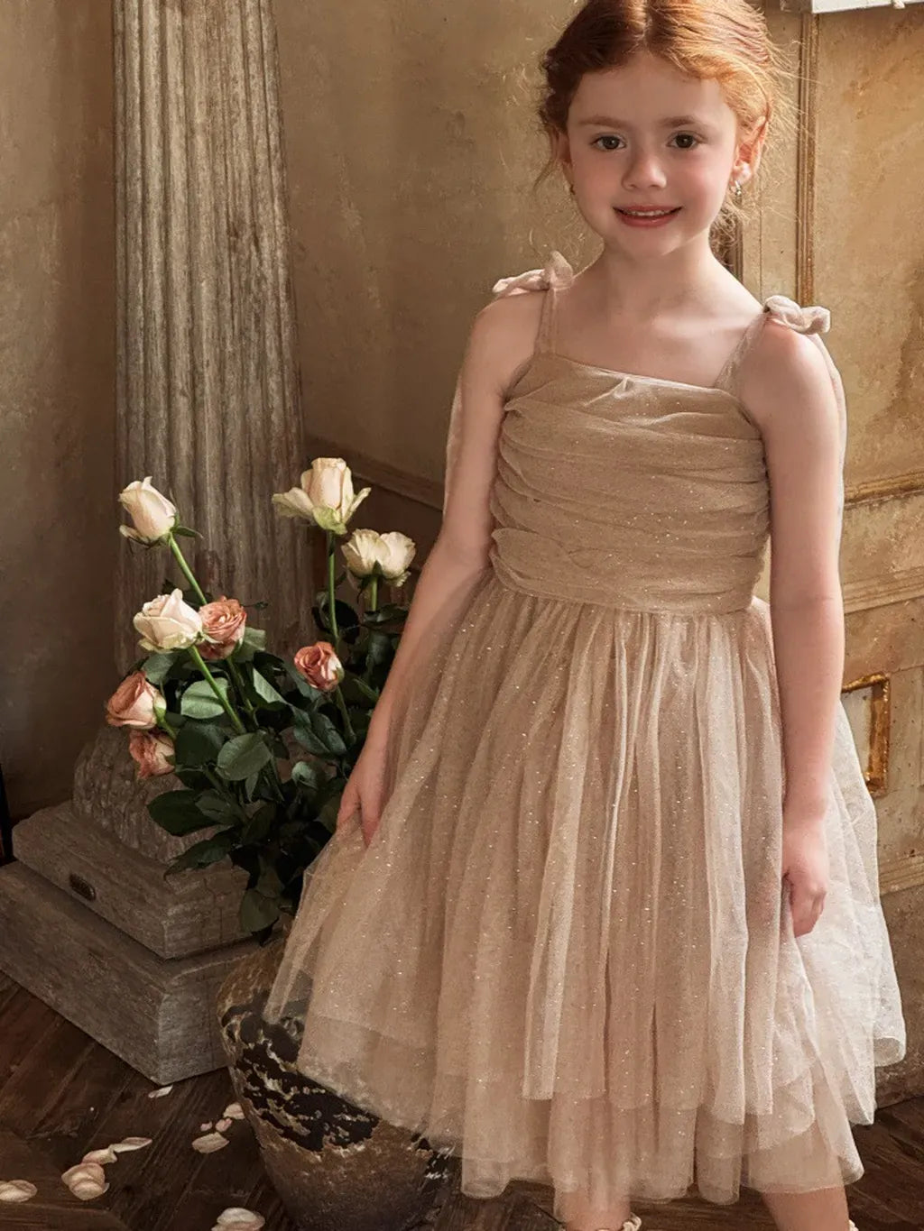 ノースリーブワンピース スパンコールチュールフリルケープ/ドレスワンピース【mh0011222】