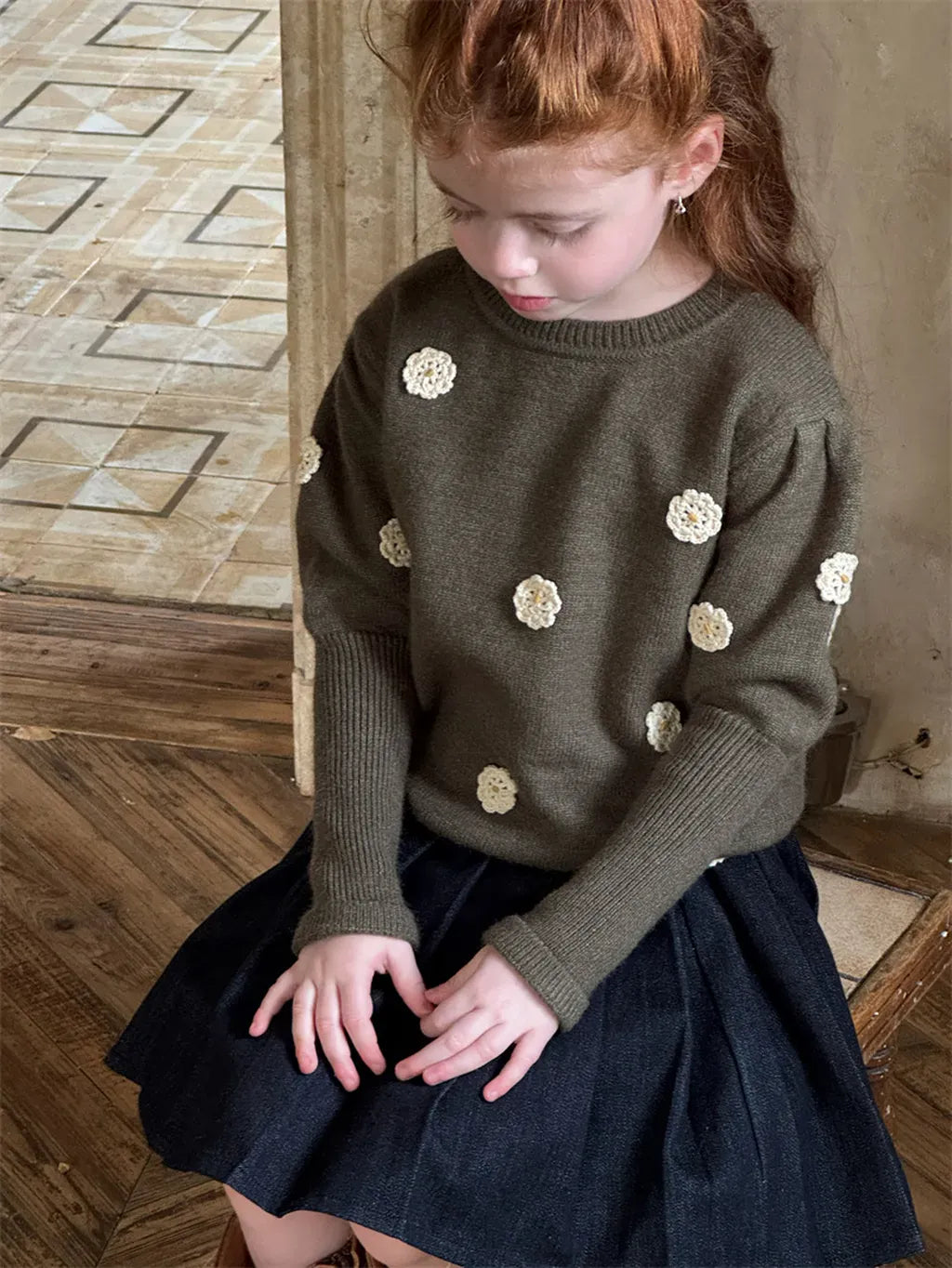 ニット・セーター フラワー刺繍パフスリーブセーター【mh0011226】