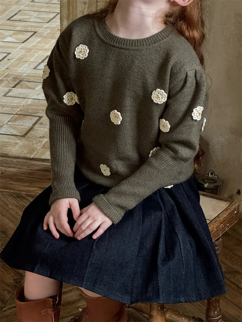 ニット・セーター フラワー刺繍パフスリーブセーター【mh0011226】