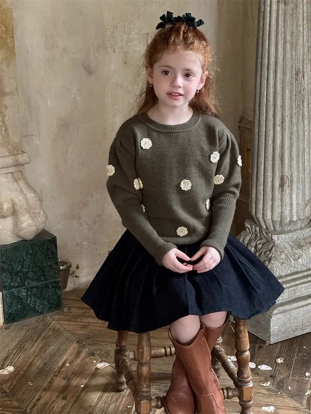 ニット・セーター フラワー刺繍パフスリーブセーター【mh0011226】