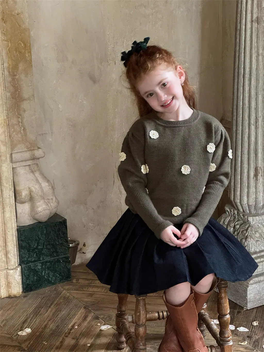 ニット・セーター フラワー刺繍パフスリーブセーター【mh0011226】