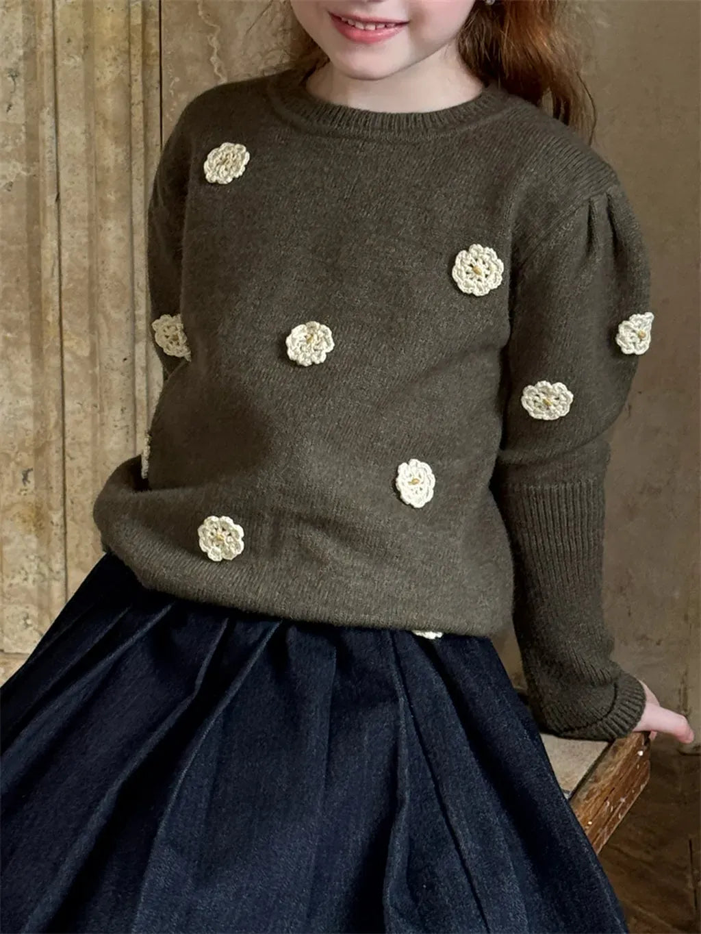 ニット・セーター フラワー刺繍パフスリーブセーター【mh0011226】