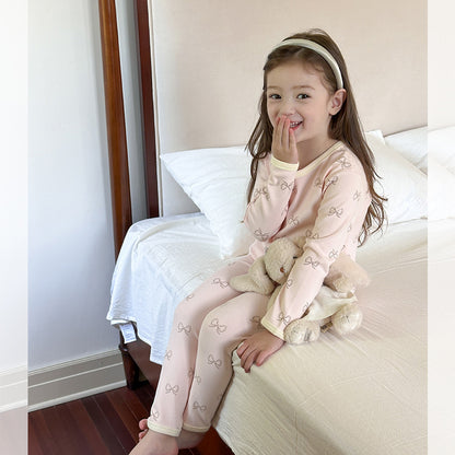 Light pink bow / 80cm Long Sleeve Printed Pajama Set 長袖 プリント パジャマ セット【mh0012244】