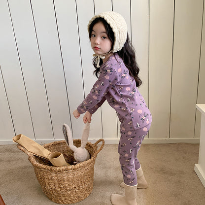 purple flower rabbit / 80cm (can be opened) Long Sleeve Printed Pajamas 長袖 プリント パジャマ セット【mh0012243】