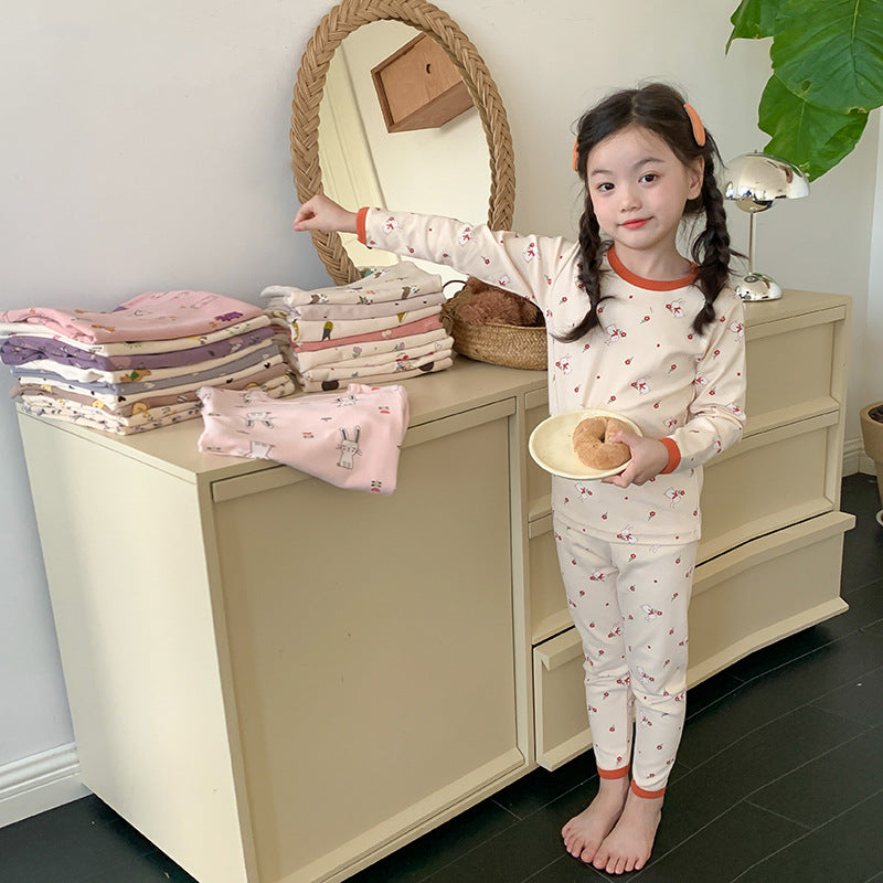 Rice bottom flower rabbit / 80cm (can be opened) Long Sleeve Printed Pajamas 長袖 プリント パジャマ セット【mh0012243】