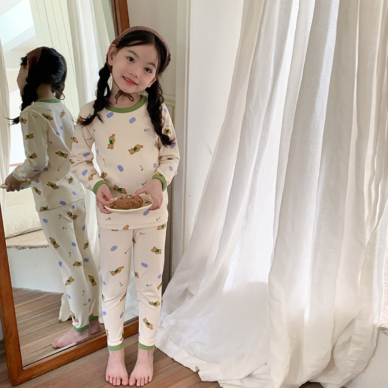 Rice bottom green bear / 80cm (can be opened) Long Sleeve Printed Pajamas 長袖 プリント パジャマ セット【mh0012243】