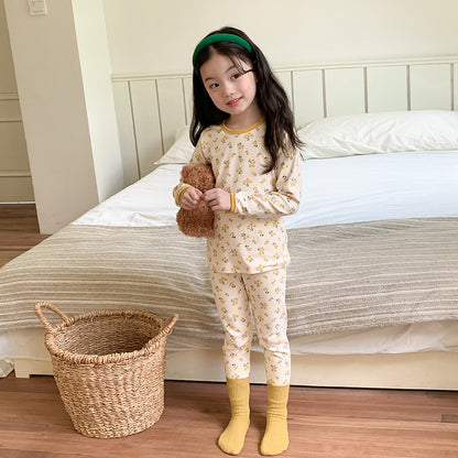 rice bottom yellow flower / 80cm (can be opened) Long Sleeve Printed Pajamas 長袖 プリント パジャマ セット【mh0012243】