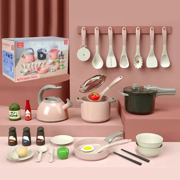 DIY Toy・知育玩具 こども夢中！おままごとキッチンセット リアル調理器具で本格お料理ごっこ 32点セット【mh0004330】