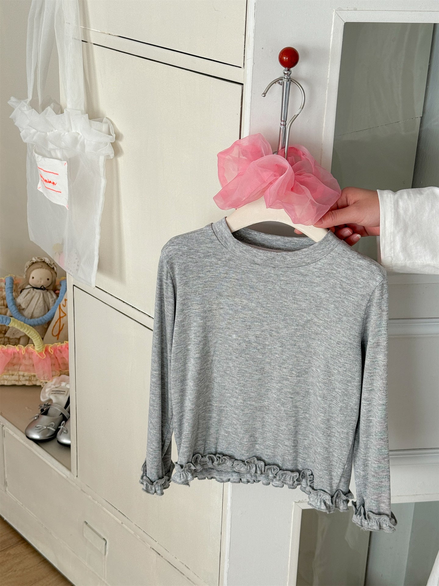 Mellow Hem Long Sleeve T-shirt メロウ 裾フリル 長袖Tシャツ【mh0012293】 Gray / 90cm Laibaobao