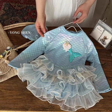 Mermaid Long-sleeve Sun Protection Swimwear マーメイド 長袖ワンピース水着【mh0013322】 Blue / 100cm mamahalo kids ベビー用水着