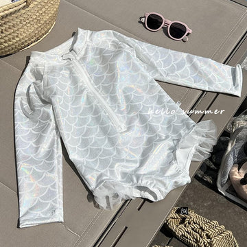 Mermaid Scale Shiny One-Piece Swimwear マーメイド 長袖ワンピース水着【mh0013346】 White / 90cm mamahalo kids ベビー用水着