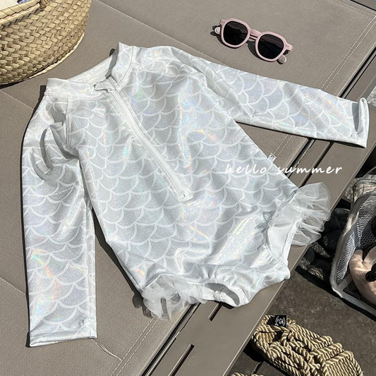 Mermaid Scale Shiny One-Piece Swimwear マーメイド 長袖ワンピース水着【mh0013346】 White / 90cm mamahalo kids ベビー用水着