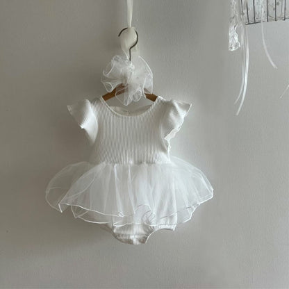 Mesh Bow Flying Sleeve Romper チュチュ 半袖ロンパース【mh0013109】 Creamy White / 66cm BBAMMA 半袖ロンパース