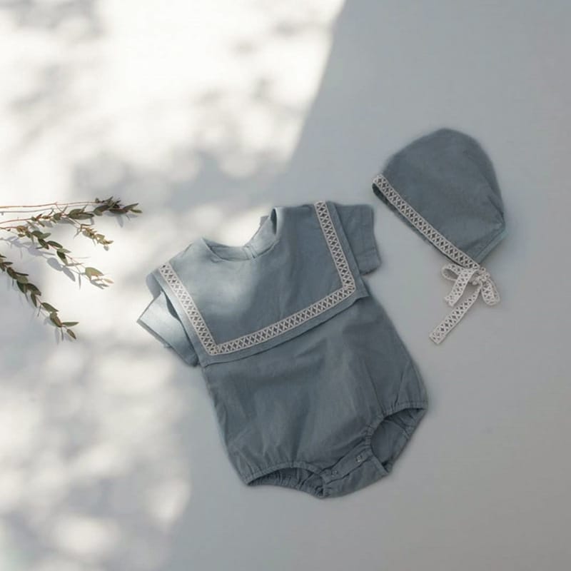ベビー レース セーラーカラー フリル 半袖ロンパース 帽子 セット【mh0000456】 Gray Blue / 66cm BBAMMA 半袖ロンパース