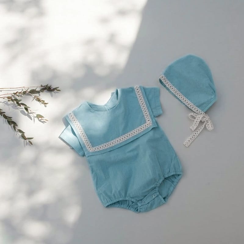 ベビー レース セーラーカラー フリル 半袖ロンパース 帽子 セット【mh0000456】 Light Blue / 66cm BBAMMA 半袖ロンパース