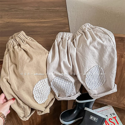 キッズ用ルーズパンツ2点セット ベージュ系、チェック柄膝パッチ