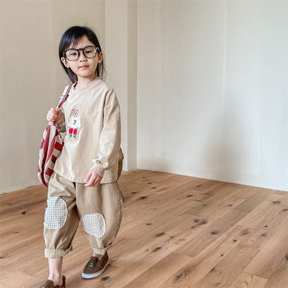 キッズ用ルーズパンツ ベージュ系 チェック柄膝パッチ付き くるぶし丈