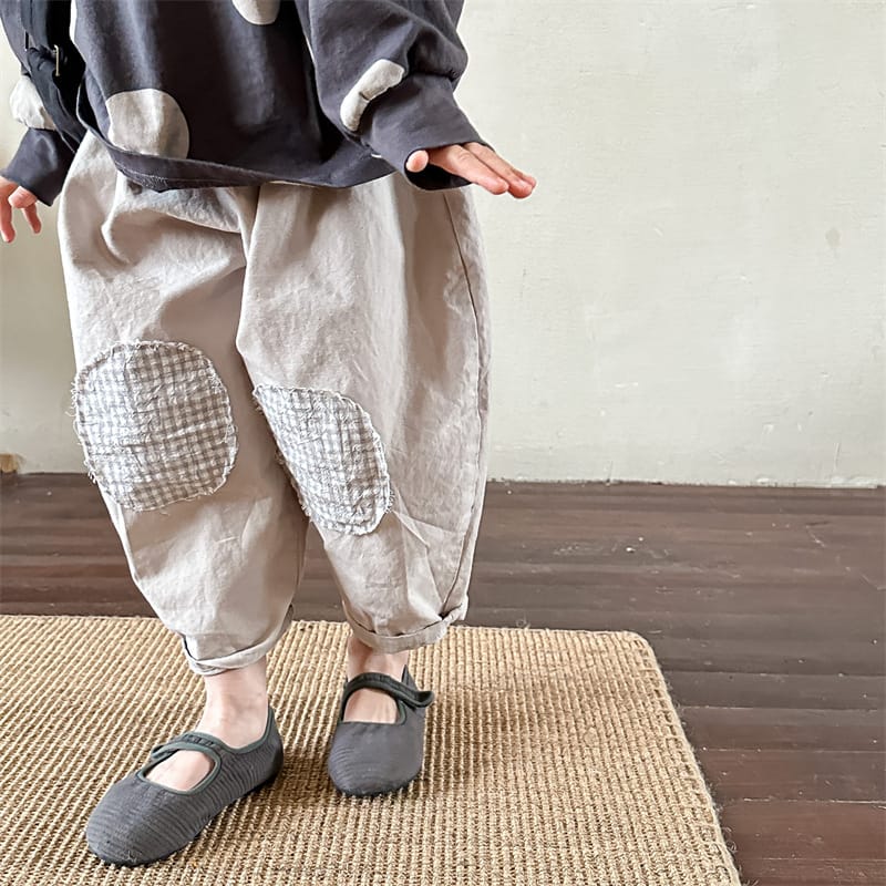 キッズ チェック 膝パッチ ルーズ カジュアルパンツ【mh0001280】 ADbaby ロングパンツ・スウェットパンツ