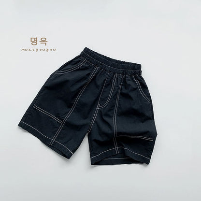 キッズ 黒の配色ステッチ ワイドイージーハーフパンツ（ウエストゴム）