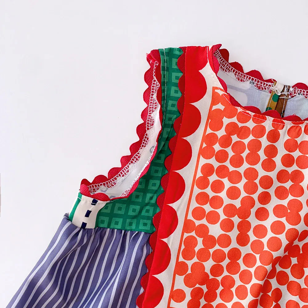 キッズ レトロ パッチワーク 水玉ドット ノースリーブワンピース【mh0005707】 mamahalo kids ノースリーブワンピース