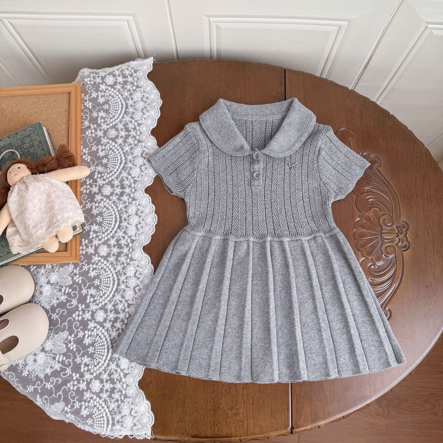 ベビーキッズワンピース レースニット半袖ポロシャツワンピース【mh0009120】 Gray / 80cm Cutemily 半袖ワンピース