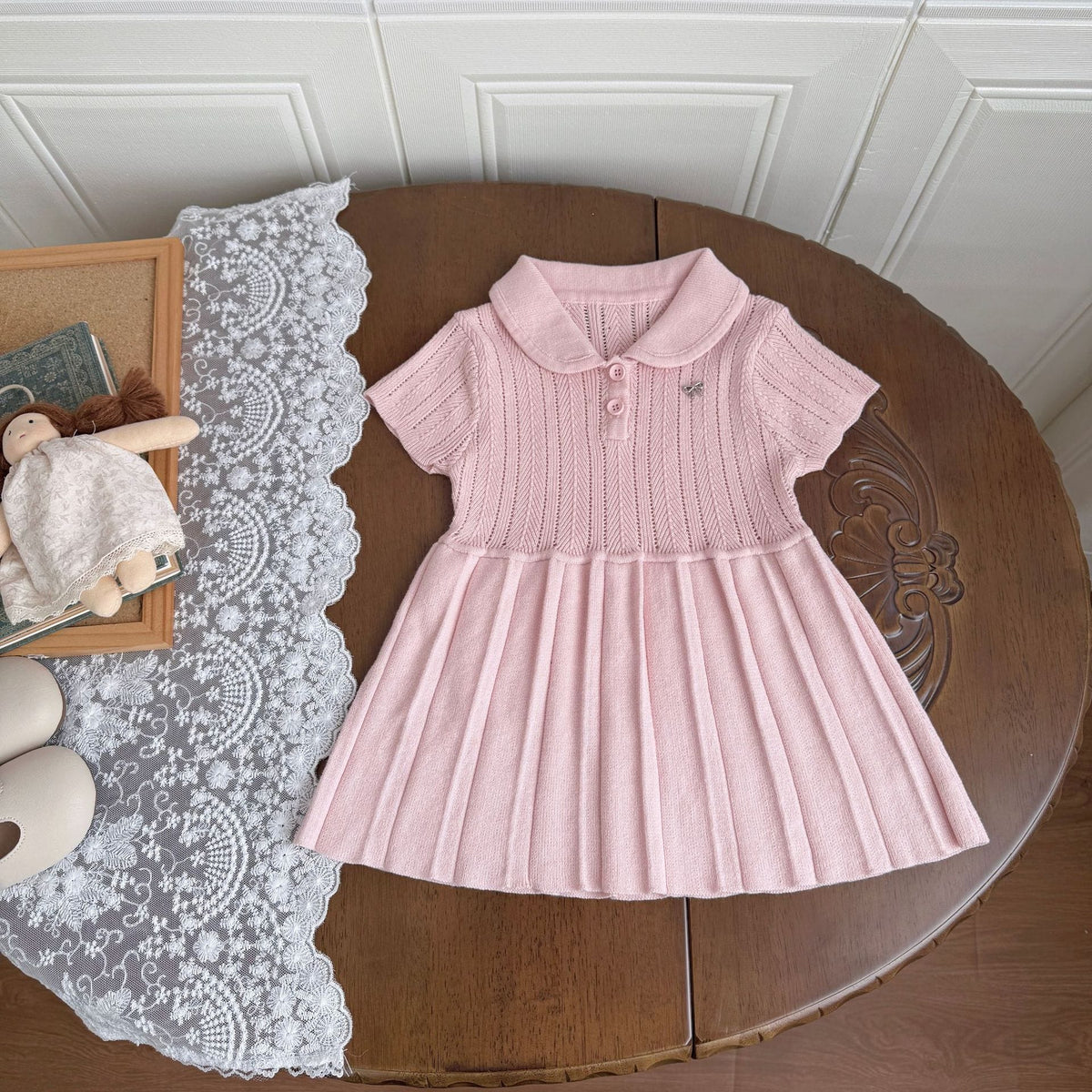 ベビーキッズワンピース レースニット半袖ポロシャツワンピース【mh0009120】 Pink / 80cm Cutemily 半袖ワンピース
