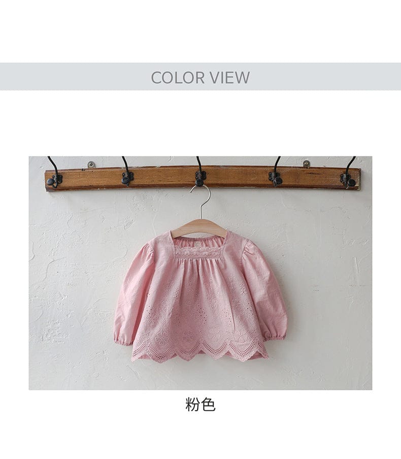 スクエアネックレースブラウス長袖トップス刺繍カットワーク【mh0010823】 Strawberry Coral 長袖シャツ・ブラウス