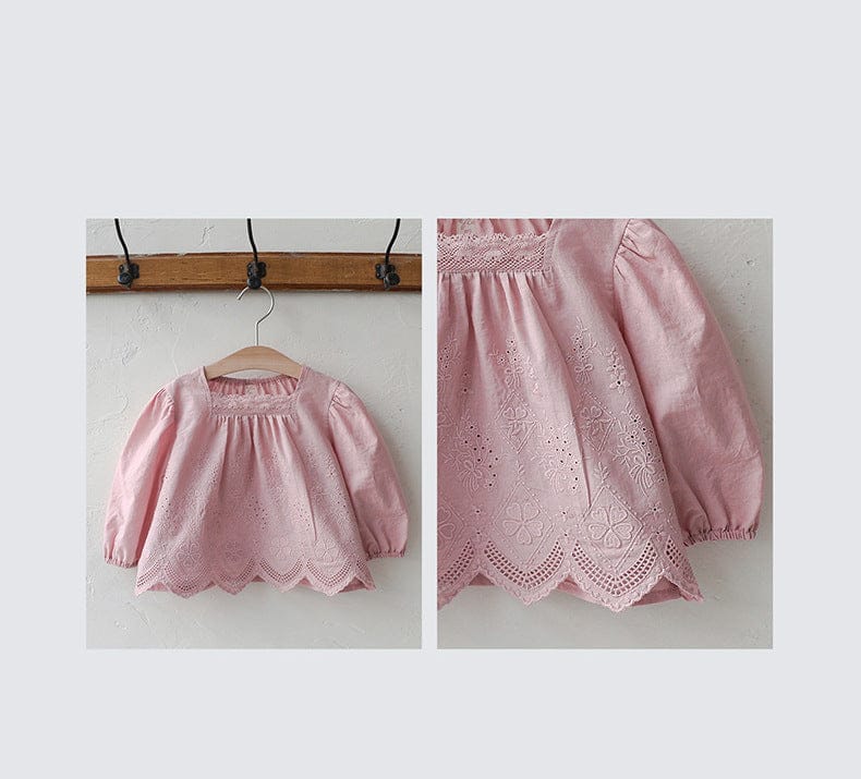 スクエアネックレースブラウス長袖トップス刺繍カットワーク【mh0010823】 Strawberry Coral 長袖シャツ・ブラウス